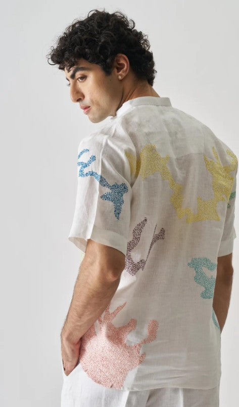 Arctic White Floral Vine Embroidered Linen Shirt