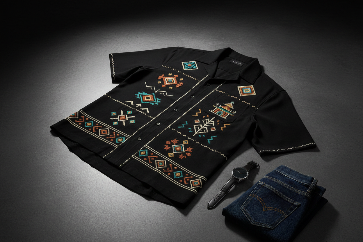 Midnight Black Geometric Panel Embroidered Linen Shirt