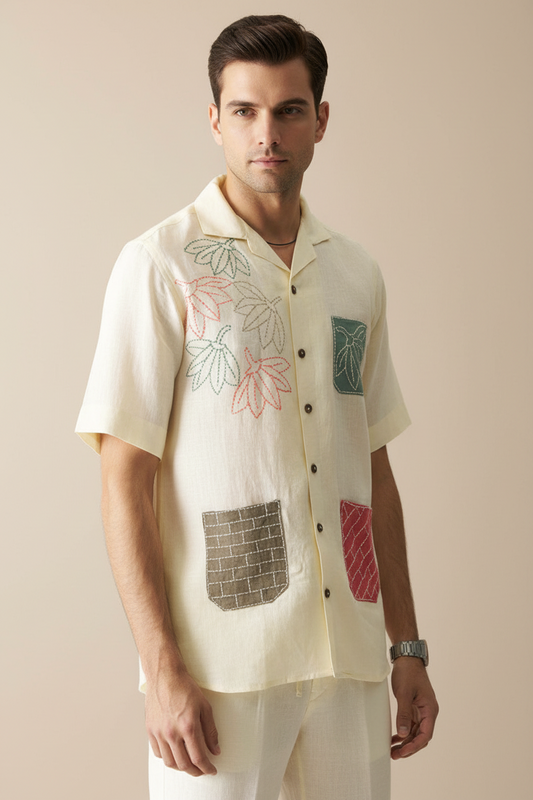 Comfort Cuban Collar Printed Linen Casual Shirt