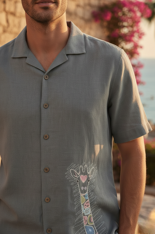 Charcoal Grey Giraffe Motif Embroidered Linen Shirt - Short Sleeve Artistic Camp Collar