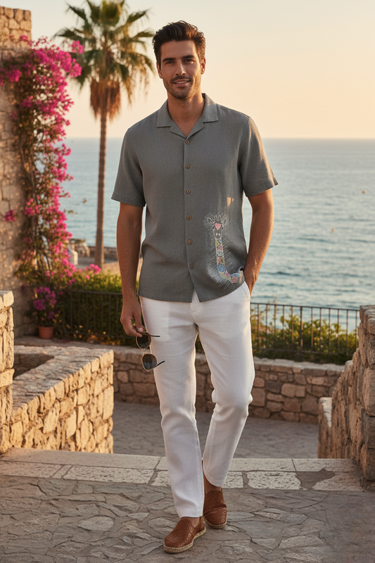 Charcoal Grey Giraffe Motif Embroidered Linen Shirt - Short Sleeve Artistic Camp Collar