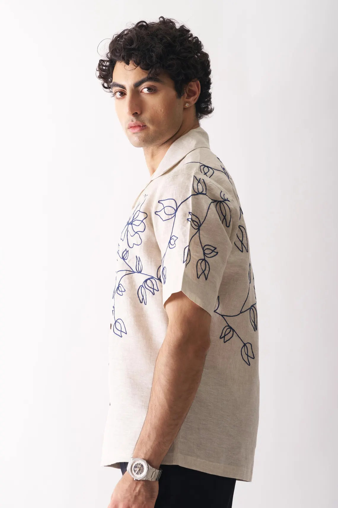 Botanical Line Art Embroidered Linen Shirt