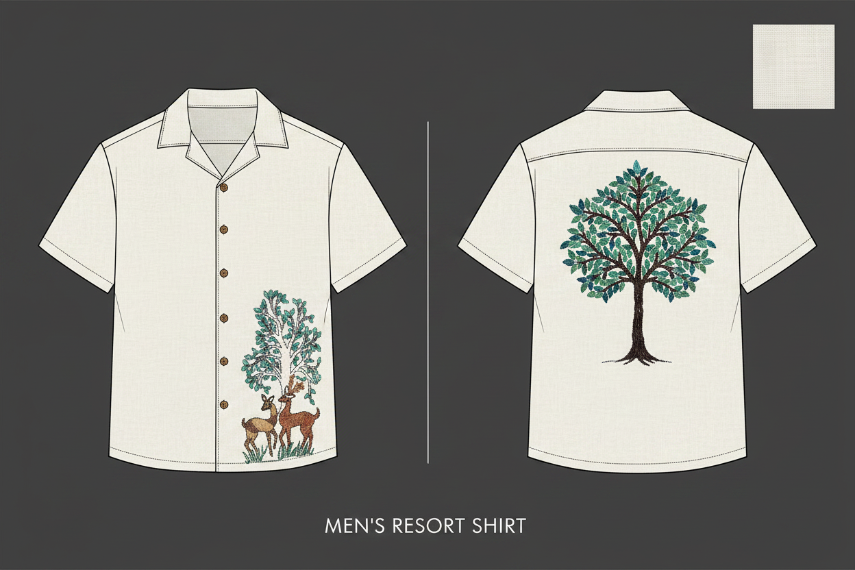 Men's resort shirt with tree and deer design on a dark background