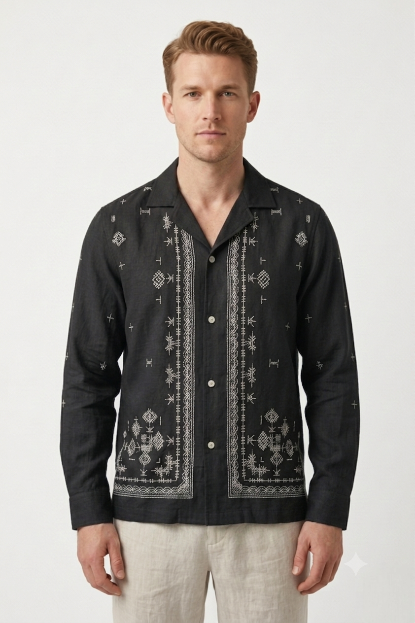 Sky Blue Artisan Geometric Embroidered Linen Shirt