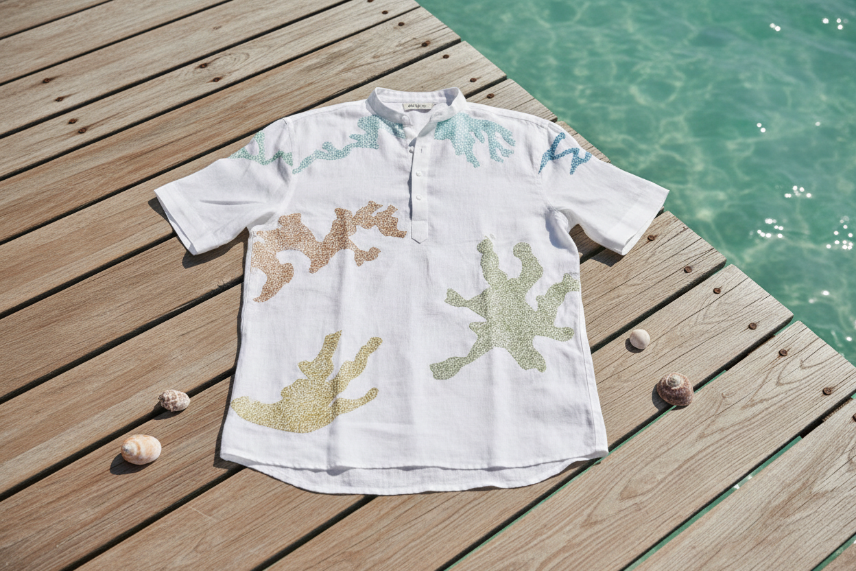 Arctic White Floral Vine Embroidered Linen Shirt